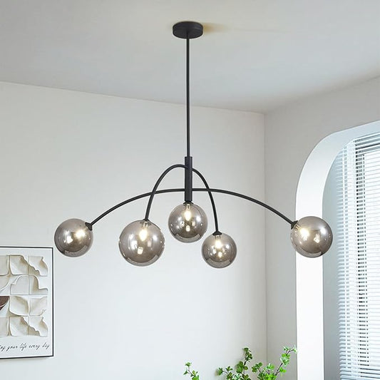 Mid Century Modern Chandelier Black 5 Light Industrial Pendant Light Fixture Vintage Smoke Gray Globe Glass Sputnik Chandeliers for Bedroom Kitchen Living Room Hallway