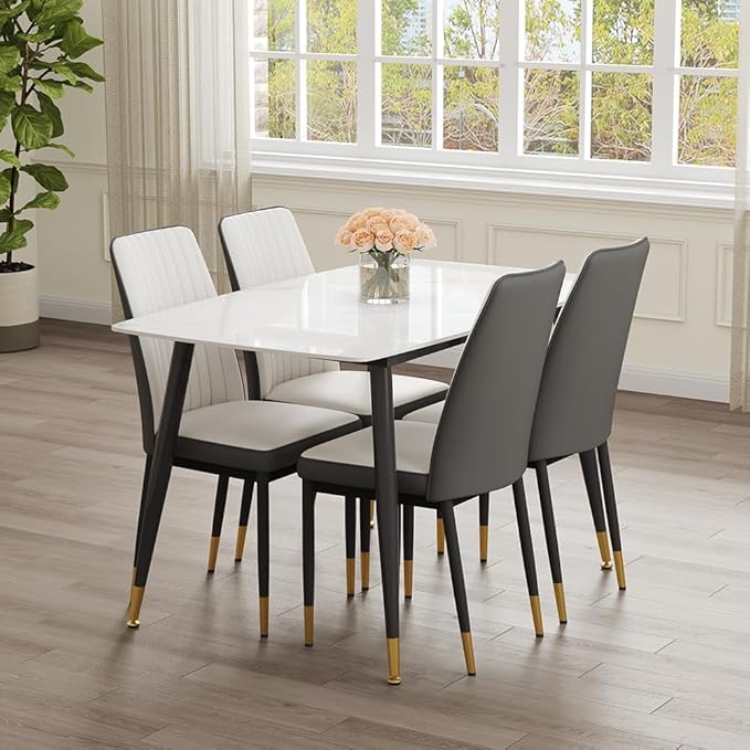 50" White Sintered Stone Dining Table Set for 4 Modern Faux Marble Dining Table with 4 Upholstered PU Leather Chair Dining Room Table Set for Kitchen Apartment(1White Table+4White &Gray Chairs)
