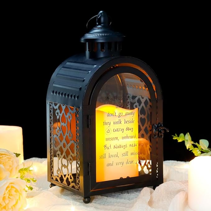TRIROCKS Memorial Lantern 11'' High Walk Beside Us Remembrance Lantern With Automatic Timer LED Candle And Love Pattern Bereavement Sympathy Gifts For Funeral Memorial Service Loss of Loved One(Black)