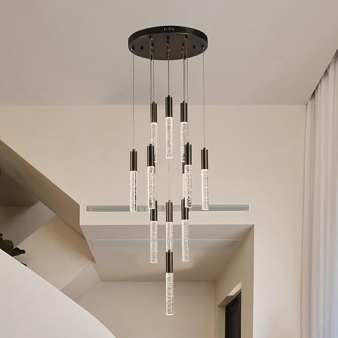 Round Black Chandelier, Modern Raindrop Hanging Lights, Large Dimmable High Ceiling Lamps, LED Crystal Pendant Lighting for Staircase Living Room Dining Room Farmhouse