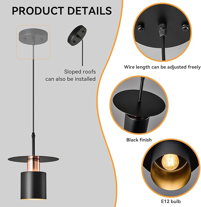 Black Pendant Light Fixture,Modern Hanging Lamp Adjustable Height, Industrial Ceiling Pendant Lighting for Kitchen Island Living Room, Bedroom, Hallway, Bar, Cafes(2-Pack)