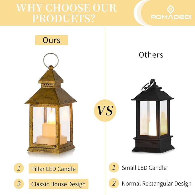 Romadedi Mini Lanterns Decorative for Centerpiece -10 PCS Hanging Small Gold Lantern Bulk with Flickering LED Candles for Wedding Table Decor Halloween Decorations Christmas, Batteries Included