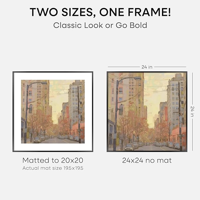 Homeforia 24x24 Picture Frame Black, High End Metal 24 x 24 Large Square Poster Frame Matted to 20 x 20 in Photo, 24by24 Thin Black Frames with Mat 20x20 inch Print, Tempered Glass, Wall Kit, Set of 3