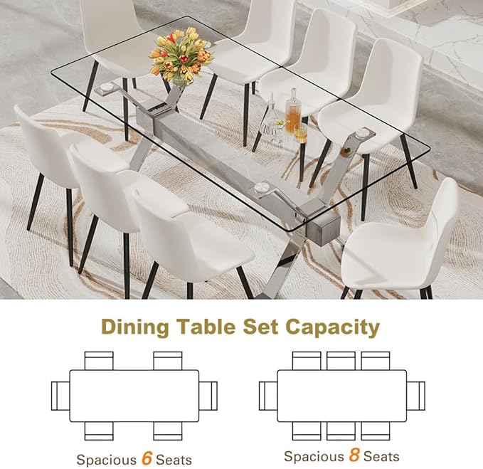 71'' Glass Dining Table Set for 8,9 Piece Dining Table Set with Tempered Glass Tabletop and Open‑Frame X‑Shaped Metal Base,Kitchen Table and Chairs Ideal for Dining Room&Home Office