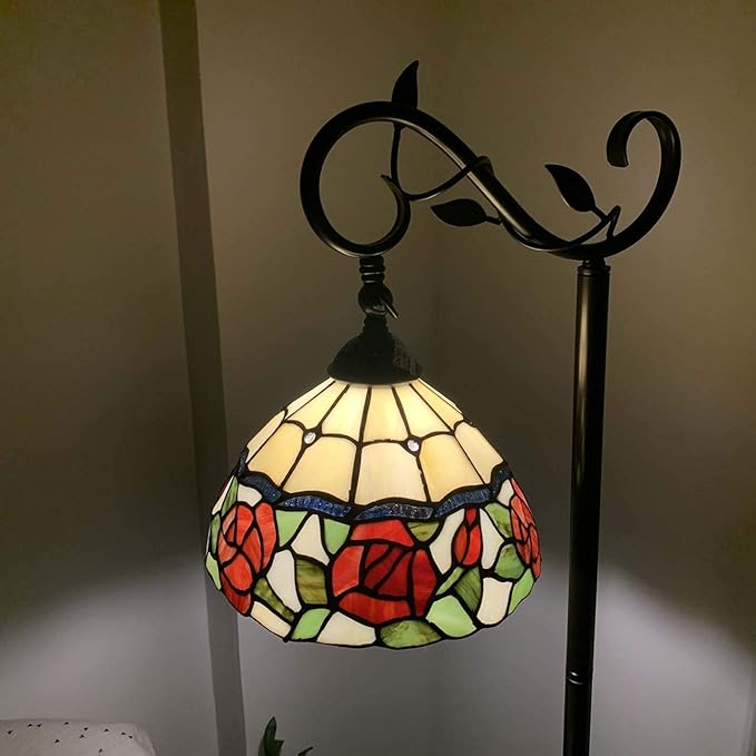 Bieye L10804 Rose Flower Tiffany Style Stained Glass Reading Floor Lamp 59.5 inches Tall, Red