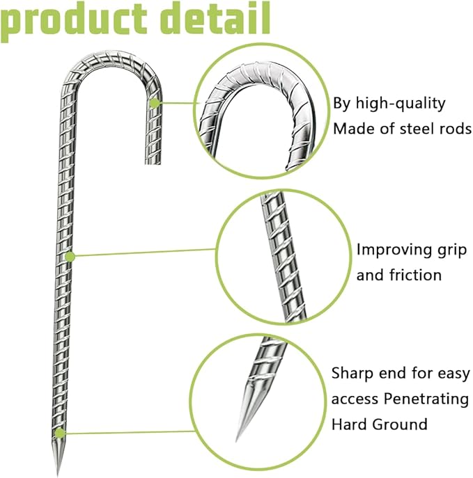 Ground-Stakes-Heavy-Duty-12 inch, J-Hook Rebar Stakes Galvanized Anti-Rust 20pcs Garden Stakes Metal Ground Anchors for Garden Dog Fence Chicken Coop Christmas Decorations Deer Fence