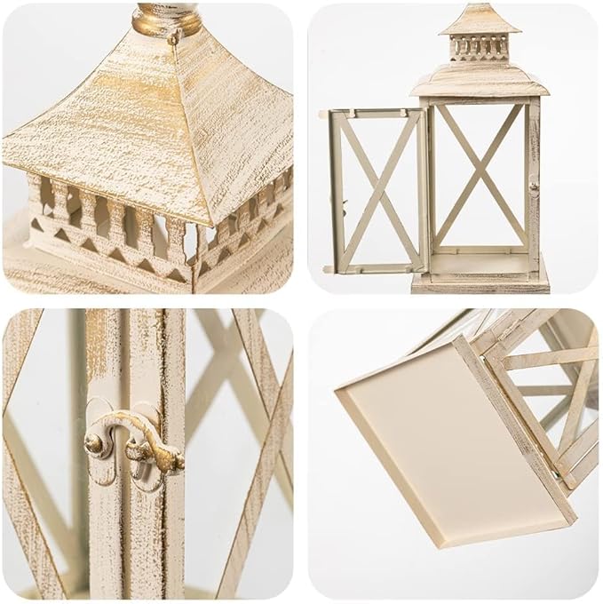 DECORKEY Lantern Decorative Indoor & Outdoor,Large Square Hanging Spring Home Decor, Vintage Metal Decorative Candle Lanterns for Outdoor Patio Wedding Party Beige with Copper Brush