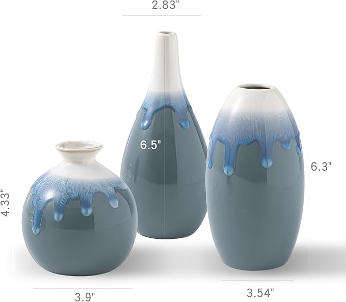 Ceramic Vase Set of 3, Farmhouse Decor, Home Decorative Vases for Kitchen, Bedroom, Office, Living Room, Bathroom, Shelf Centerpiece Table, Terracotta Pottery Vases Set Gift Blue