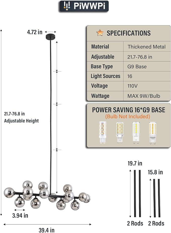Glass Globe Sputnik Chandelier, 16-Light Mid Century Modern Light Fixture Over Table, Linear Chandeliers for Dining Room, Kitchen Island, Black and Smoke Grey Bubble, 40 Inch, GC-02
