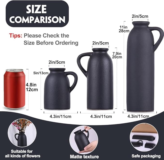 Black Ceramic Vase Set - 3 Small Matte Black Jug Vases, Farmhouse Country Flower Vase Home Decor, Living Room Decoration, Table Decoration, Fireplace Decor, and Entrance Decorations Centerpieces