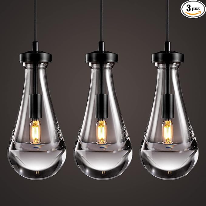 Modern Raindrop Pendant Lights Set of 3, Pendant Lights Kitchen Island 3 Pack, Matte Black Pendant Lights for Bedroom Bathroom, Chandelier for Living Room Hallway, Bulb Included
