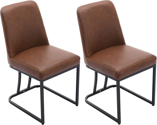 VESCASA Faux Leather Upholstered Dining Chairs with Back, Mid Century Modern Chairs with Black Metal Frame for Dining Room, Restaurant, Kitchen, Set of 2, Brown