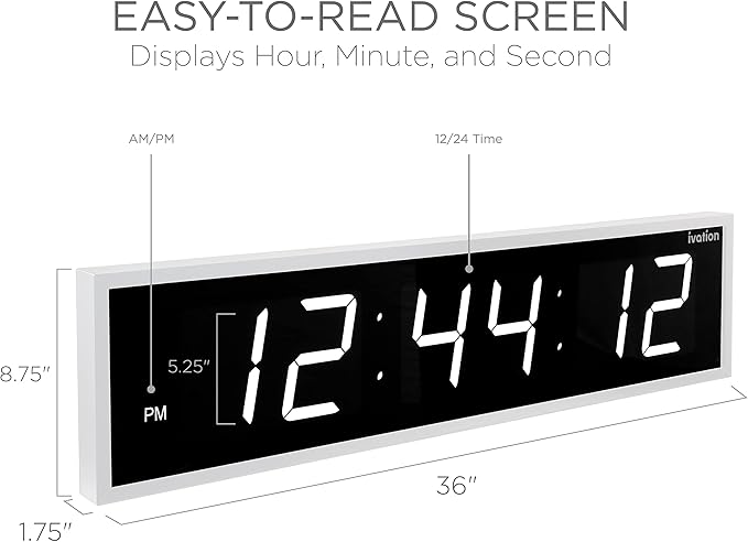 Ivation Oversized Large Digital Wall Clock - Big LED Digital Clock w/Large Display, Shelf or Wall Mount (36 Inch - White) 6 Brightness Levels | Time Memory | Remote, Mounting Holes & Hardware