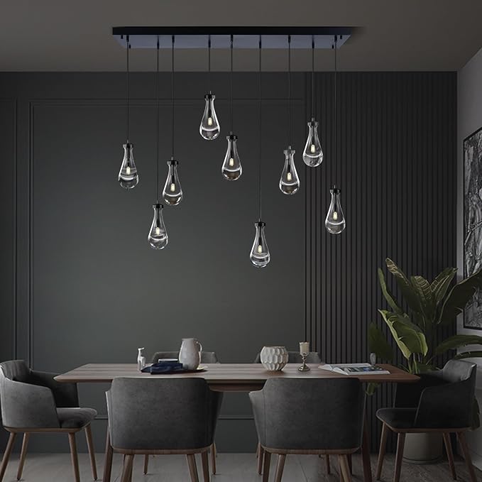 Raindrop 9-Light Chandeliers for Dining Room, Black Dining Room Lights Fixture Over Table, Teardrop Pendant Lights Kitchen Island, Adjustable Rope Hanging Lamp Ceiling for Living Room