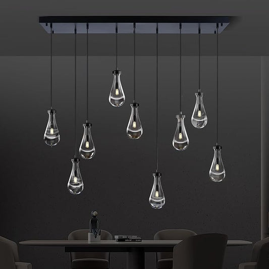 Raindrop 9-Light Chandeliers for Dining Room, Black Dining Room Lights Fixture Over Table, Teardrop Pendant Lights Kitchen Island, Adjustable Rope Hanging Lamp Ceiling for Living Room