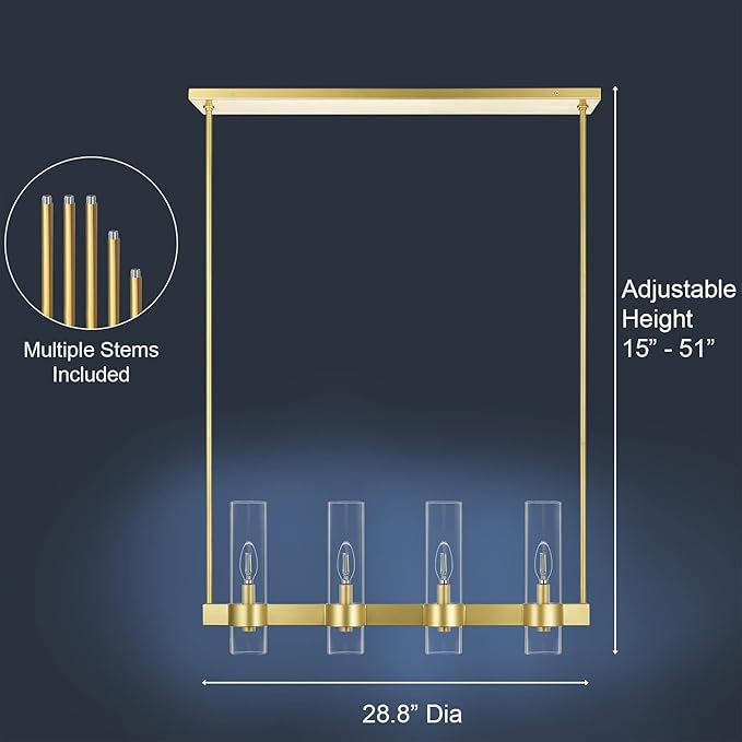 Linea di Liara Teramo Satin Brass Kitchen Island Lighting - Modern Farmhouse Rectangle Dining Room Light Fixtures - 30 inch 4 Light Linear Chandelier