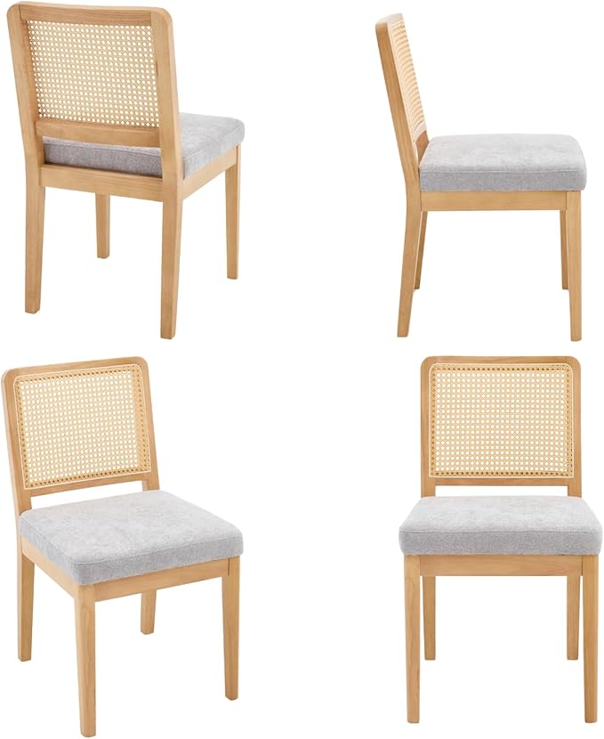 LukeAlon Farmhouse Rattan Dining Chairs Set of 6, Mid Century Modern Chenille Kitchen & Dining Chairs with Solid Wood Legs, Woven Cane Upholstered Kitchen Chairs Side Chairs for Dining Room, Grey