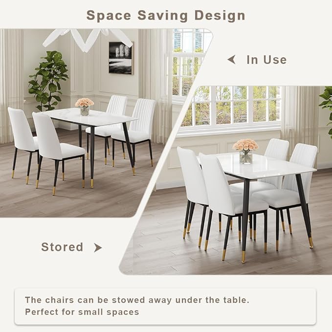 50" White Modern Sintered Stone Dining Table Set for 4 Faux Marble Dining Table with 4 Upholstered PU Leather Chair Dining Room Table Set of 4(1White Table+4 Cream White Chairs)