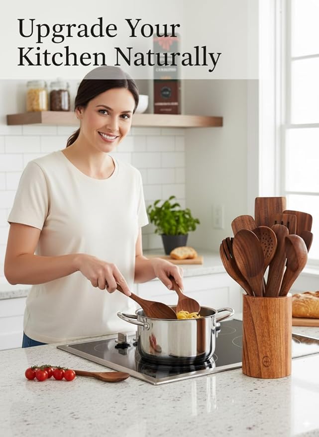 12-Piece Teak Wood Wooden Utensil Set with Spoon Holder & Rest – Non-Stick, Heat Resistant, Durable Cooking Tools – 100% Natural, Food-Safe & Eco-Friendly Kitchen Gadgets