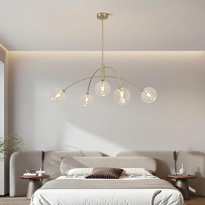 Mid Century Modern Sputnik Chandelier 5-Light Gold Glass Ceiling Light Large Brass Chandelier for Dining Room Kitchen Bedroom