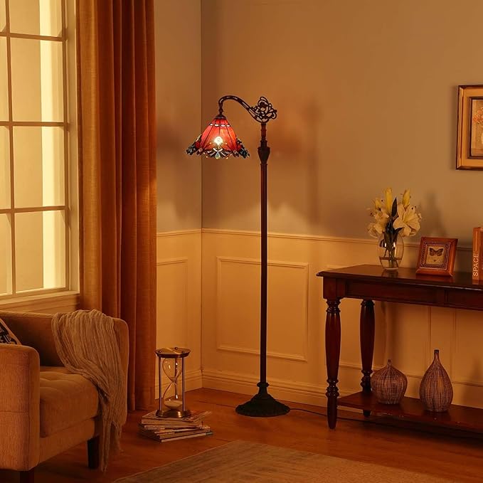 Bieye L10681 Baroque Tiffany Style Stained Glass Reading Floor Lamp with 13 Inch Wide Handmade Lampshade, Metal Base with Dark Brown Baking Finish, Red, 65 Inch Tall