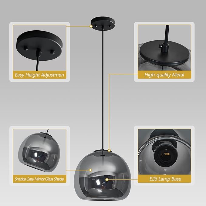 1-Light Mirror Gray Glass Pendant Lights Kitchen Island Black Hanging Light Fixture 9.84" Glass Globe Pendant Light Modern Pendant Lighting for Kitchen Island Bedroom Dining Room