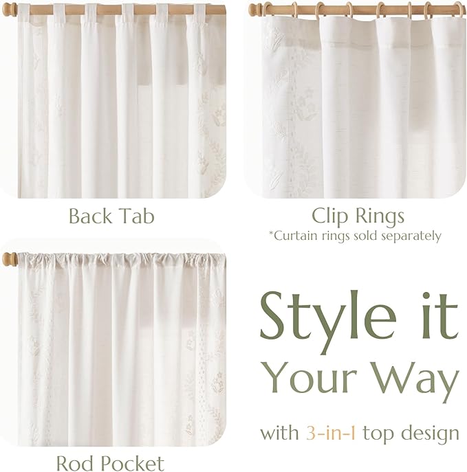 jinchan Belrose Linen Curtains for Bedroom Floral Curtains 63 Inch Length Linen Blend White Embroidered Drapes Farmhouse Flower Patterned Drapes for Living Room Window Treatments Set 2 Panels
