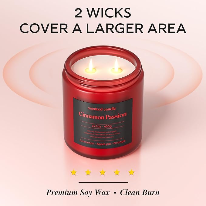 Cinnamon Candle, 14.1 oz Scented Candles for Home, 2 Wicks Blended Scents Aromatherapy Candles for Women and Men, Birthday Gifts for Women (Cinnamon+Apple Pie+Orange)