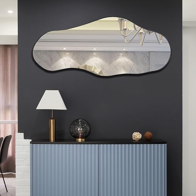 Large Irregular Mirror, 47.2"x21.4" Asymmetrical Oblong Mirror, Cloud Shaped Mirrors, Modern Waved Decorative Mirrors for Living Room Bathroom Bedroom Entryway Fireplace