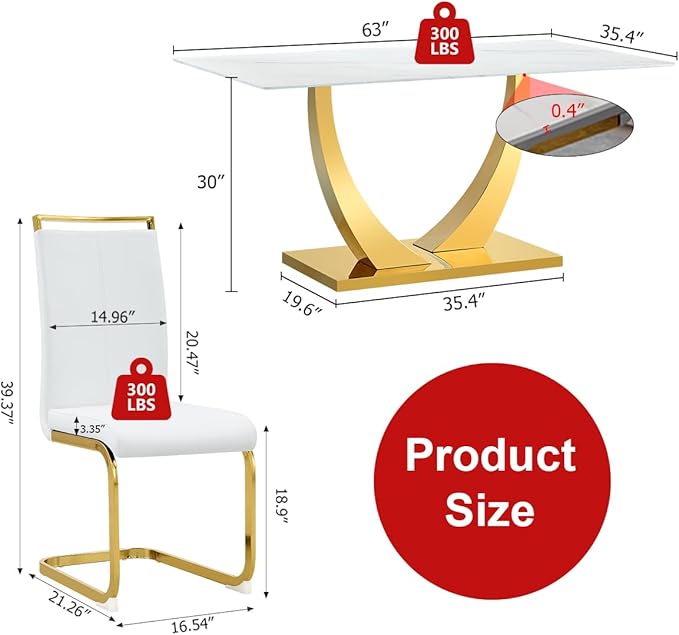 63” Dining Room Table Set for 4,Modern Gold Dining Table Set for 4, Rectangle Kitchen Table Set with Leather Chairs, White Faux Marble Dinner Table Set with Tempered Glass Top and Golden Base