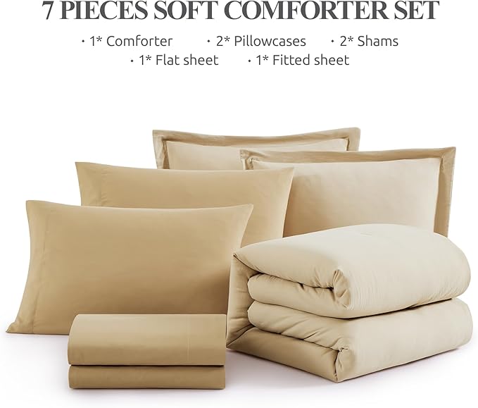 WRENSONGE Oversized Queen Comforter Set - 7 Pieces Beige Bed in a Bag Queen with Sheets, 2 Pillow Shams, and 2 Pillowcases- Warm Bedding Sets Queen for All Season