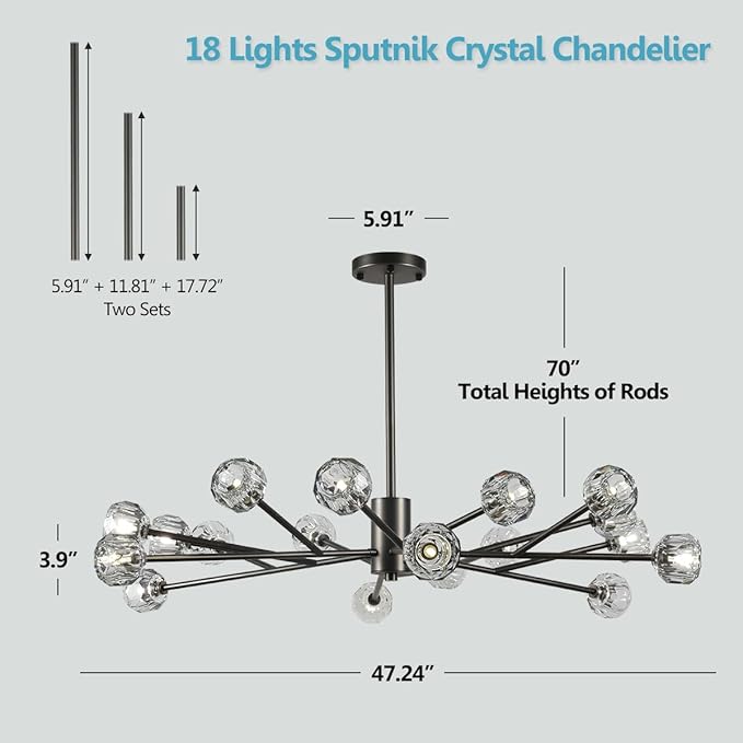 Black Sputnik Chandeliers 47.2", Crystal Sputnik 18 Lights Chandelier for Dining Room, Large Modern Ceiling Chandelier for Living Room Foyer
