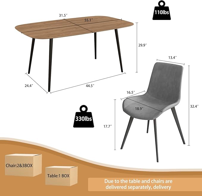 55.1'' Dining Table Set for 4,Modern Wood Dining Table,Leather Dining Chairs 4,Table and Chairs Set of 4,Ideal for Kitchen Dining Room (Walnut Color Table + 4 Grey Chairs)