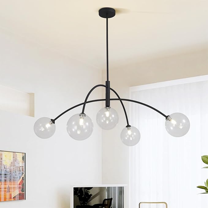 Mid Century Modern Sputnik Chandelier Adjustable 5 Light Pendant Light Fixture Clear Glass Black Ceiling Chandelier for Dining Room Kitchen Bedroom
