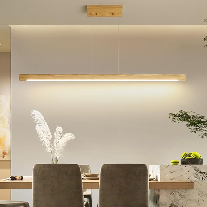 Wooden Linear Pendant Light, 39" Modern Chandeliers for Dining Room, Dimmable Pool Table Island Lights for Kitchen, LED Ceiling Pendant Lamp for Dining Room Billiard Room, Natural Ash