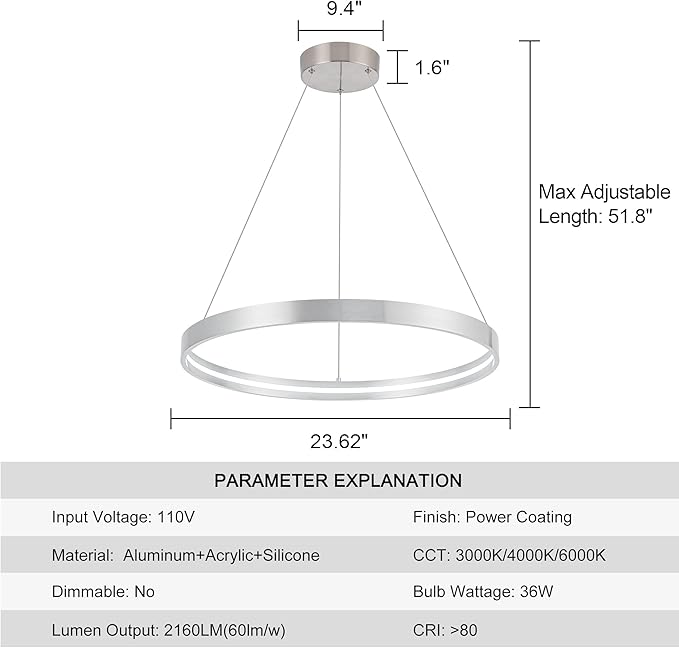 Modern Led Chandeliers, Non-Dimmable Contemporary LED Chandeliers 1 Ring, Hanging Led Modern Pendant Light Fixture for Living Room Kitchen Dining Room Office Brush Nickel-3000K/4000K/6000k