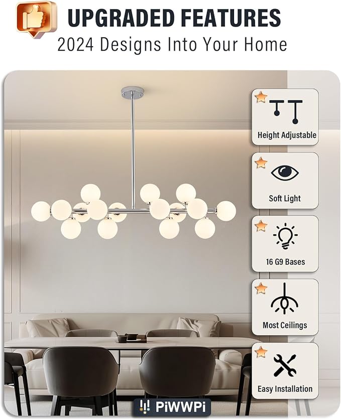 Glass Globe Sputnik Chandelier, 16-Light Mid Century Modern Light Fixture Over Table, Linear Chandeliers for Dining Room, Kitchen Island, Chrome and Milk White Bubble, 40 Inch, GC-02