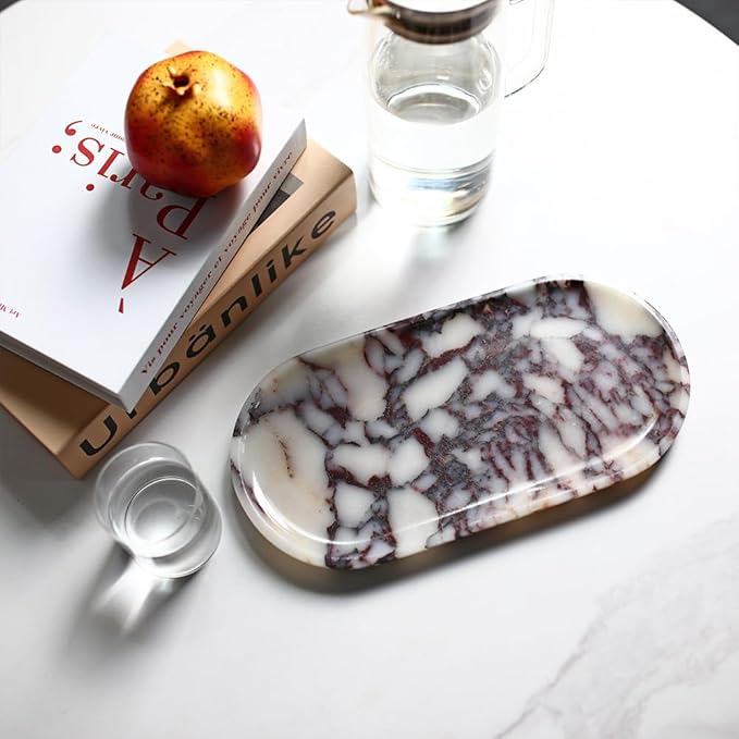 Natural Marble Tray, Coffee Table, Food, Fruit, Paper Cup, Cake Display, Coffee bar, Family Gatherings, Seasonal Holiday Decoration Tray(Viola-oval-11 x5 x0.7)