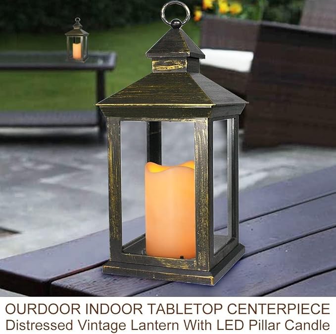 Bright Zeal 14" Tall Vintage Decorative Lantern with LED Pillar Candle (Distressed Gold, Batteries Included) - Outdoor Lights Decorative Hanging - Battery Lantern with Timer - Vintage Candle Light