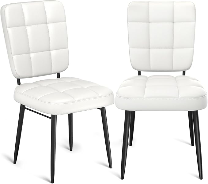 Leather Dining Chairs Set of 2, Upholstered Dining Room Kitchen Chairs with Thick Cushion, High Backrest, Metal Legs, Mid Century Modern Side Chair for Home Living Room Cafe Restaurant, White