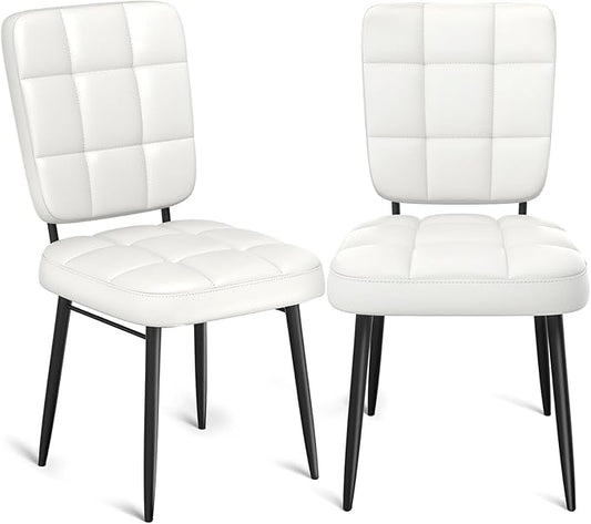 Leather Dining Chairs Set of 2, Upholstered Dining Room Kitchen Chairs with Thick Cushion, High Backrest, Metal Legs, Mid Century Modern Side Chair for Home Living Room Cafe Restaurant, White