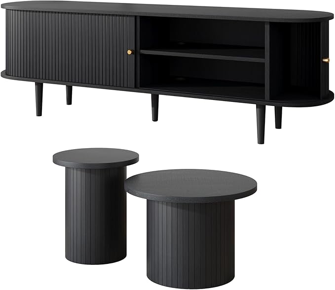 3-Piece Mid Century Modern Living Room Table Set, 70" TV Stand with Tambour Door, Nesting Round Coffee Table Set of 2, Wood Slats Entertainment Center with Storage, Black
