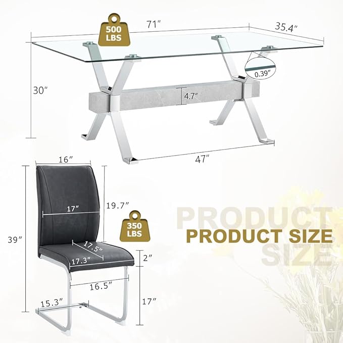 71'' Glass Dining Table Set for 8,9 Piece Dining Table Set with Tempered Glass Tabletop and Open‑Frame X‑Shaped Metal Base,Kitchen Table and Chairs Ideal for Dining Room&Home Office