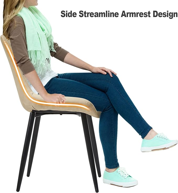 TUKAILAi Faux Leather Dining Chairs Set of 2, Modern Linear Design Kitchen Chairs with Upholstered Seat and Metal Legs, Comfortable Side Chairs for Dining Room Restaurant Commercial (Cream)