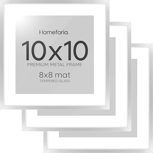 Homeforia 10x10 Picture Frame Silver, High End Metal 10 by 10 Square Frames with Mat 8 x 8 inch Photo, 10by10 Poster Frame Matted to 8x8 Art, Wall or Tabletop Frame, Tempered Glass, Wall Kit, Set of 3