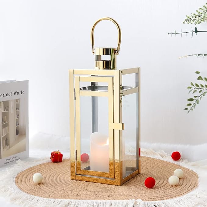 TRIROCKS Set of 2 Stainless Steel Decorative Lantern 12'' High Metal Candle Holder Outdoor Candle Lantern with Tempered Panels for Home Decor Living Room Parties Events Tabletop Indoor Outdoor (Gold)