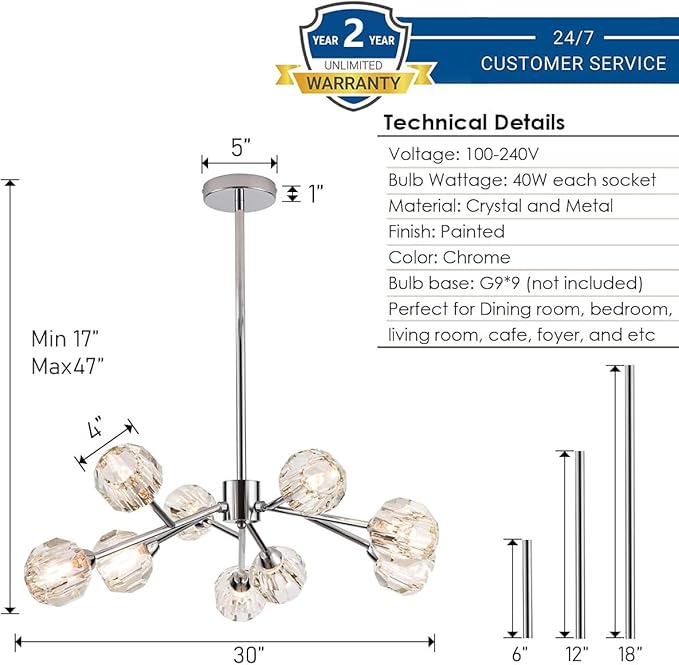 Sputnik Chandeliers for Dining Room Light Fixture Over Table, Modern Crystal Chandeliers, 9 Lights Chrome Lighting Fixtures for Living Room Bedroom Kitchen Island Bar
