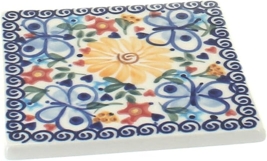Blue Rose Polish Pottery - Yellow Butterfly Tile - 4.5" Square - Ceramic Decorative Tile for Kitchen Backsplash, Trivet or Wall Art
