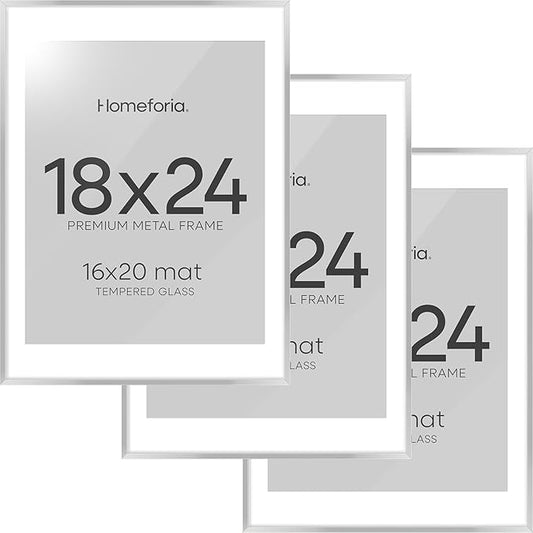 Homeforia 18x24 Poster Frame Silver, High End Metal 18 x 24 Picture Frames with Mat 16 x 20 for Photo, 18x24 Silver Frame Matted to 16x20 Print, 24x18 Hanging Frame, Tempered Glass, Wall Kit, Set of 3