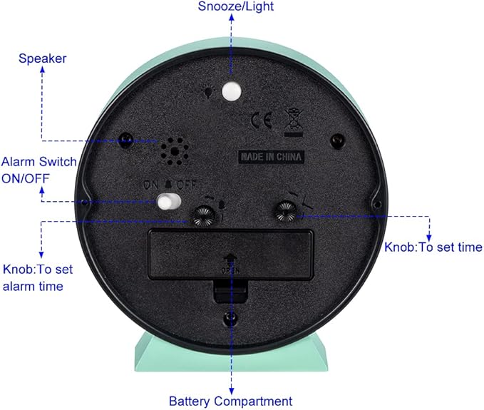 4.5" Battery Operated Antique Retro Analog Alarm Clock, Small Silent Bedside Desk Clock,Lighted on Demand, Battery Operated, Snooze, for Living Room, Bedroom, Bedside, Desk(Green)